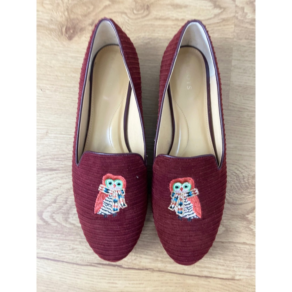 Talbots Whimsigoth Owl Embroidered Loafers 10M Burgundy Corduroy Flats Twee